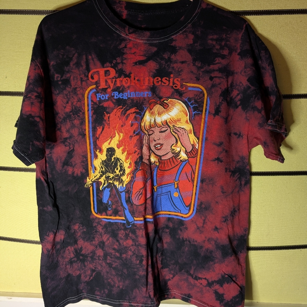 Firestarter Pyrokinesis For Beginners Graphic Tee - Black and Red Tie Dye Sz L